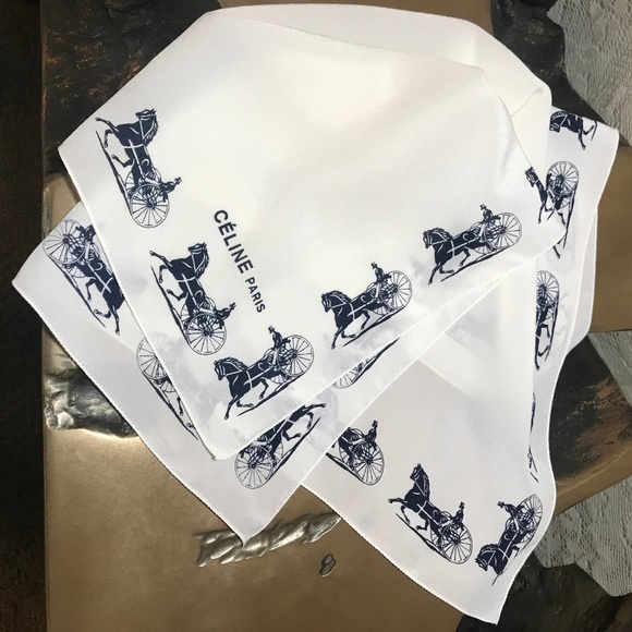 CELINE PARIS Horse Carriage Logo Silk Scarf White - Picture 4 of 7